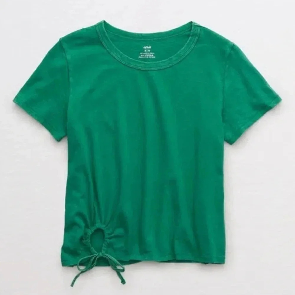 Aerie T-Shirt Green Tie Tee Cotton Small Boxy Short 90's Y2K Distressed Vintage